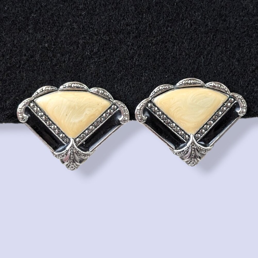 V. Avon Enamel & Marcasite Fan Earrings